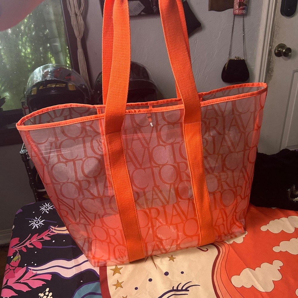 Victorias Secret Neon Orange Mesh Logo Beach Tote Bag with Interior Pocket